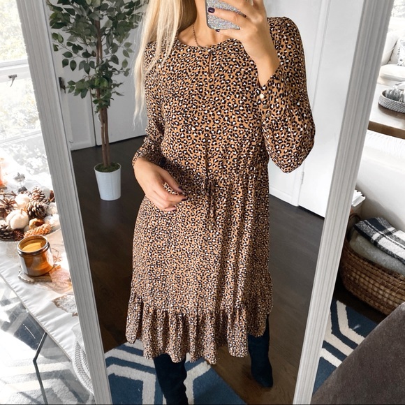 🍂 TALBOTS TAN BLACK ANIMAL PRINT LOOSE LONG SLEEVD DRESS! - Picture 6 of 14